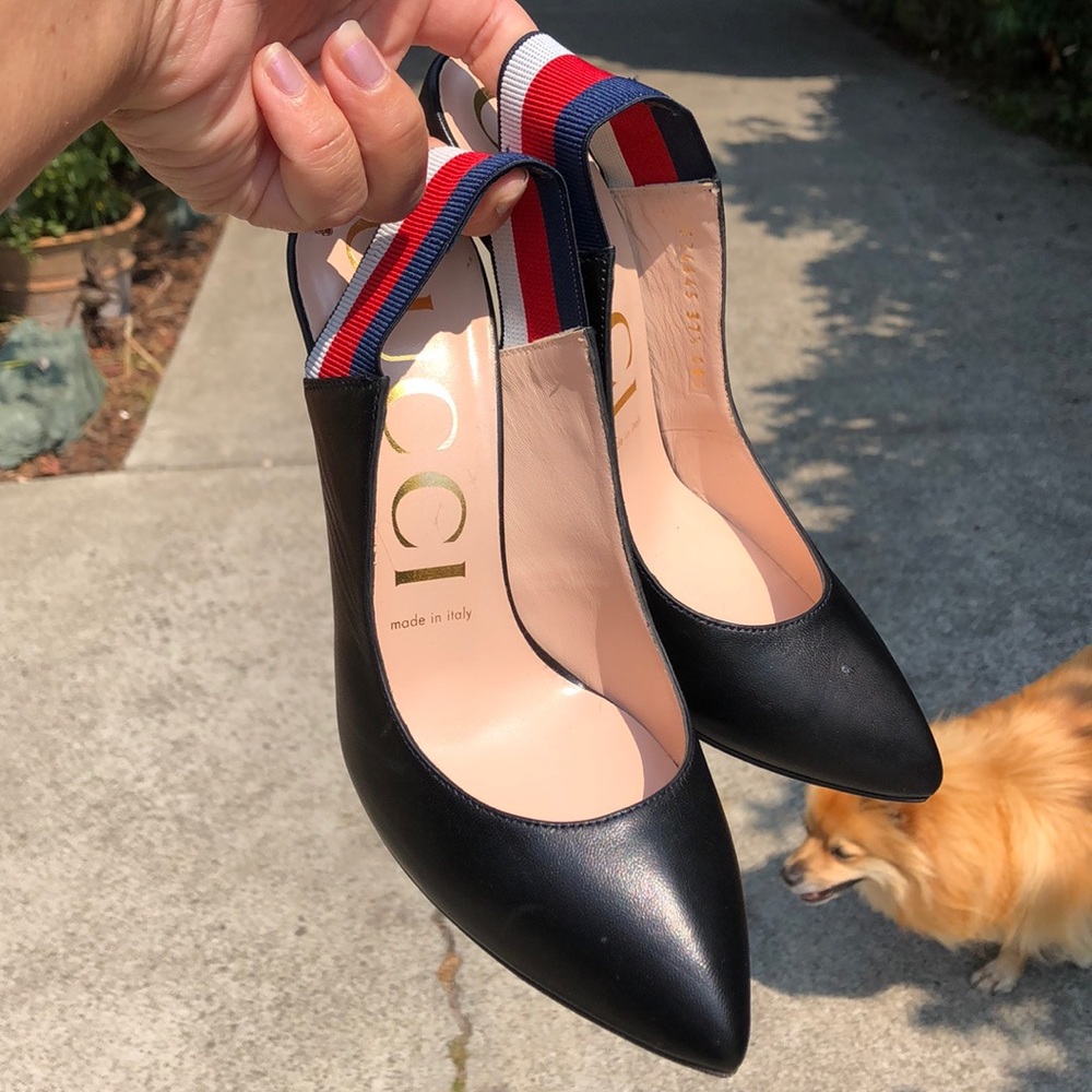 Gucci Sylvie Black leather web Slingback Pumps